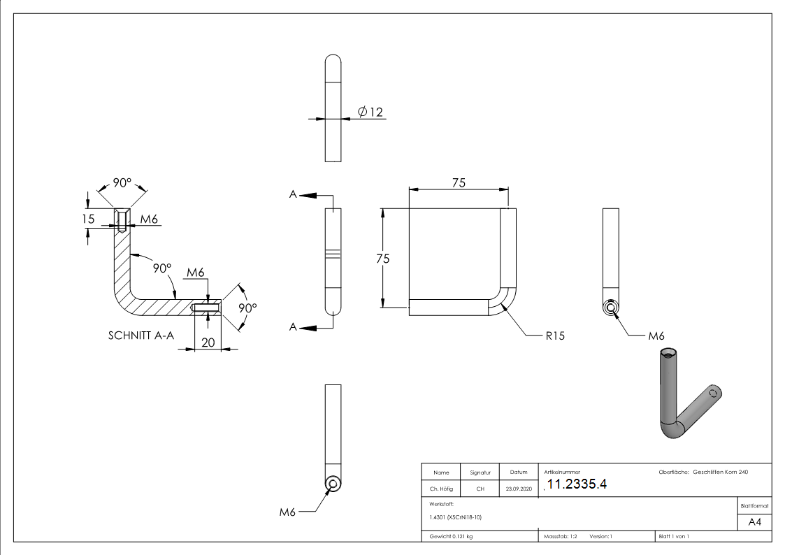 Equerre | Ø 12 mm | avec 2 x filetage intérieur : M6 | V2A
