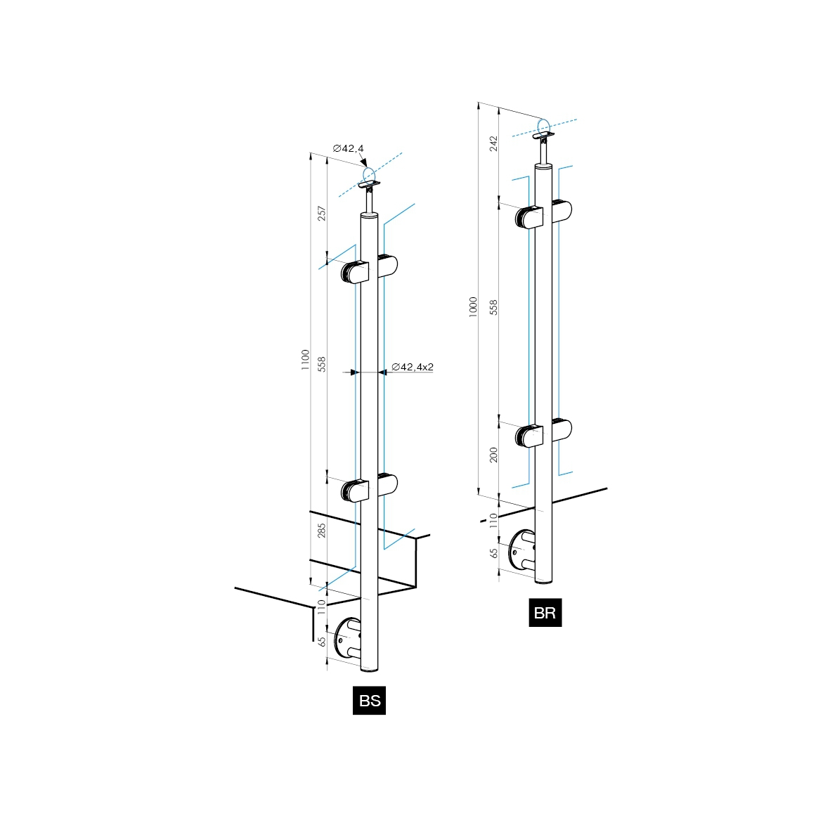 Gelaenderpfosten V2A Ø 42-4x2 mm- 1000 mm Seitenmontage- geschliffen-14-0049RG-A.4