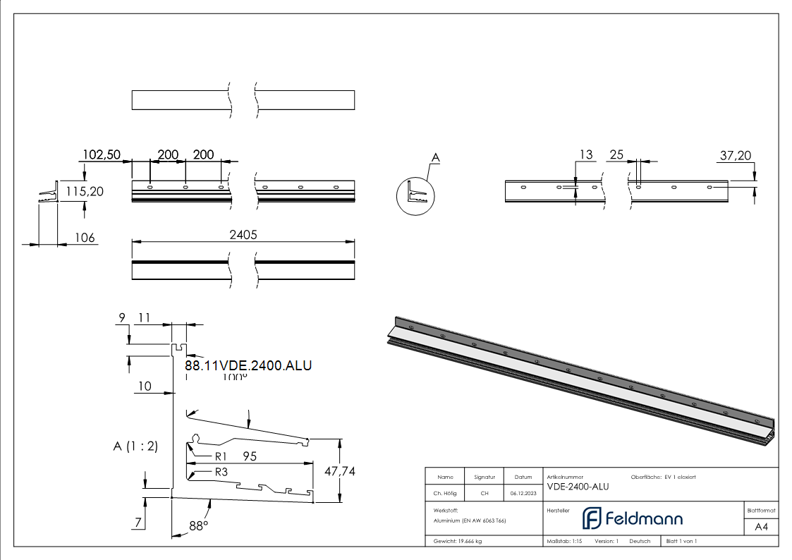 Vordachprofil Aluminium L = 2405 mm eloxiert E4-EV1-88-11VDE-2400.ALU