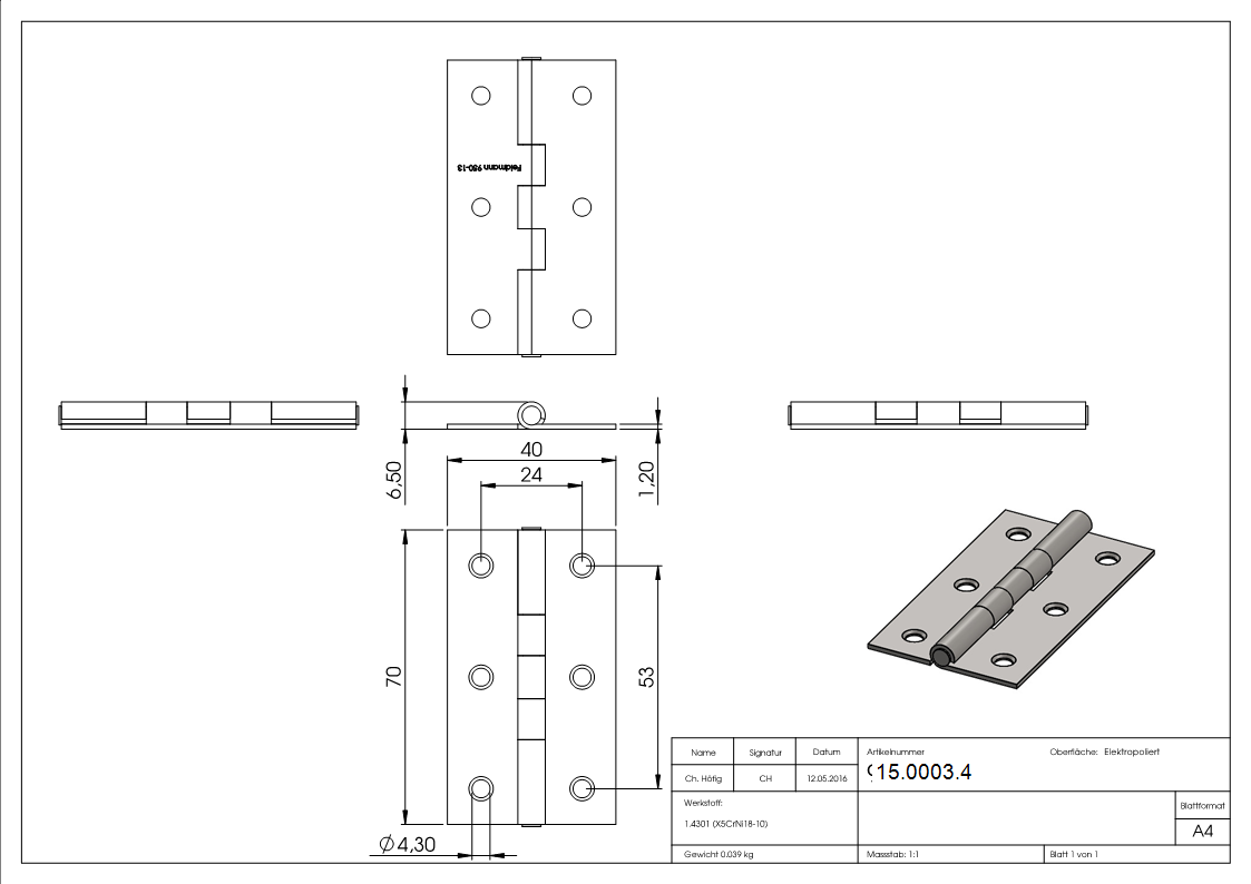 Scharnier 70 x 40mm mit festen Zapfen-15-0003.4