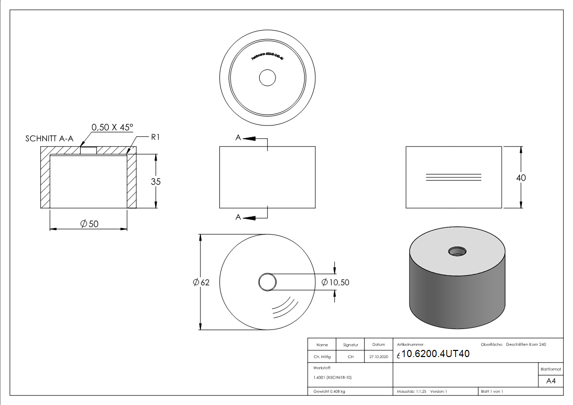 Glaspunkthalter-Unterteil Ø 62 mm- V2A- Hoehe- 40 mm-10-6200.4UT40