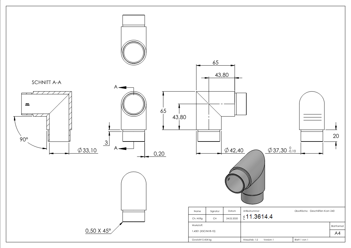 Coude d'angle 90° pour tube rond Ø 42.4x2.6 mm V2A