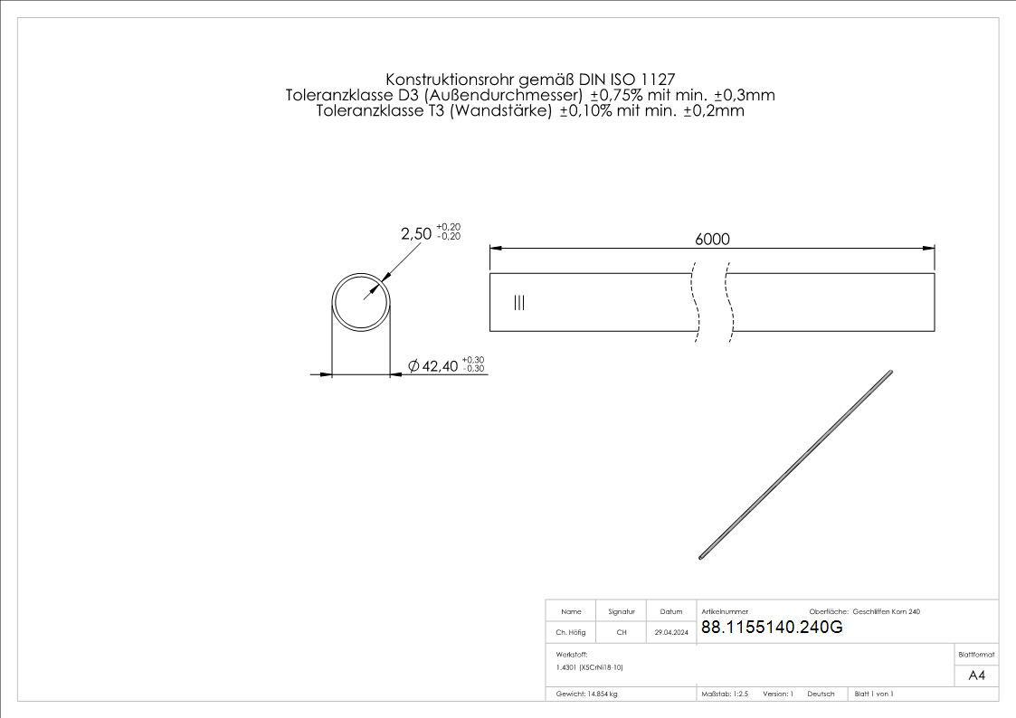 Tube V2A grain 240 42,4x2,6mm recuit