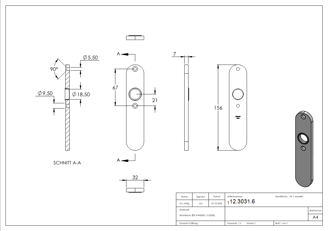 Alu-Kurzschild - Masse- 32x156x7 mm - Aluminium EV1-12-3031.6