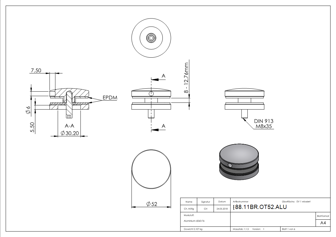 Partie supérieure et inférieure Ø 52mm pour porte-brenk, ALU