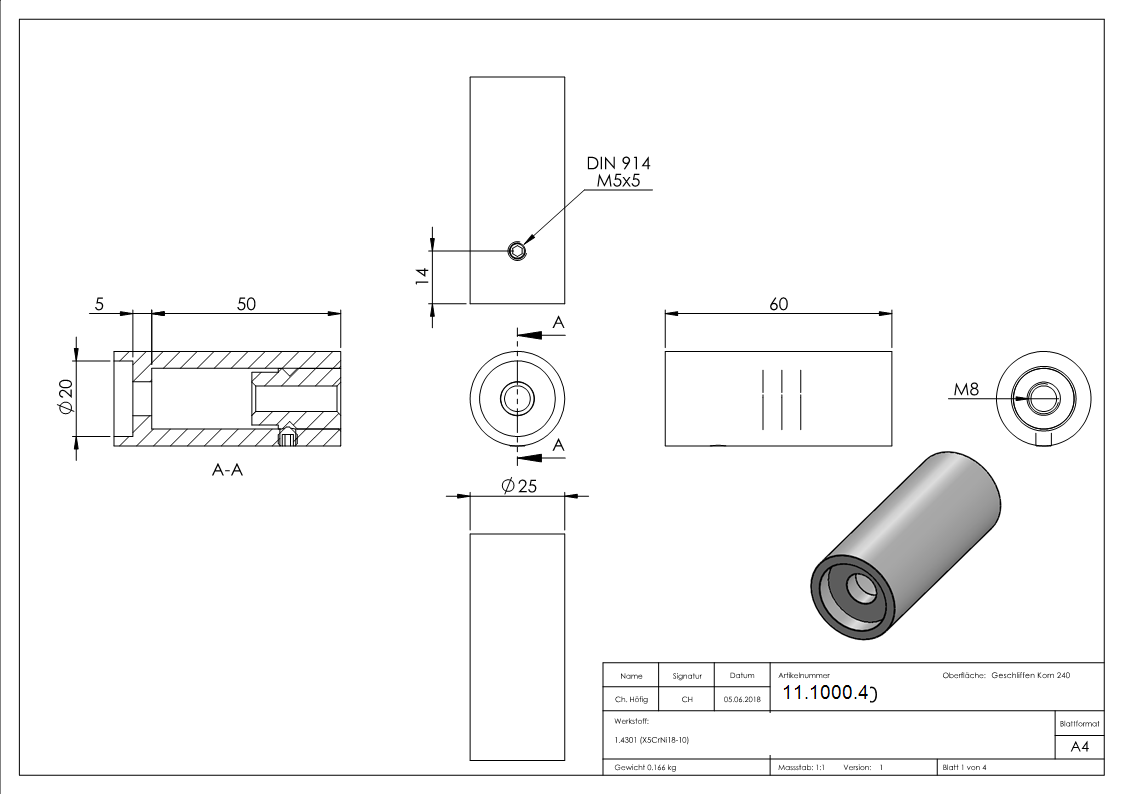 Rohrabstandshalter V2A fuer Stossgriffe -Flach-11-1000.4