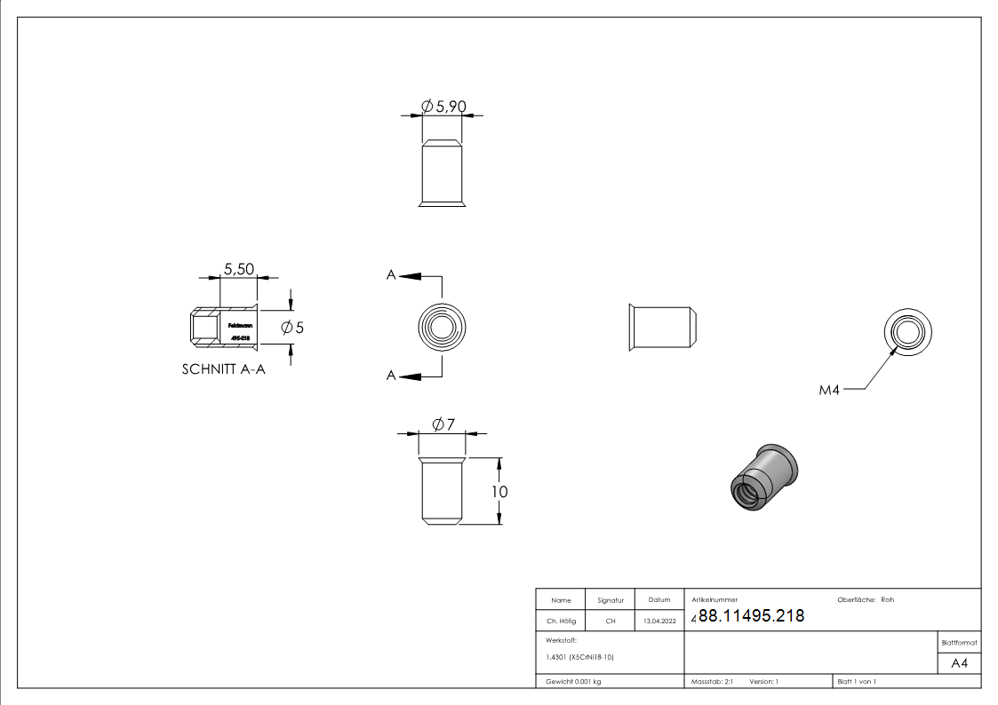 Ecrou pour rivet aveugle, V2A, M4/trou 6mm