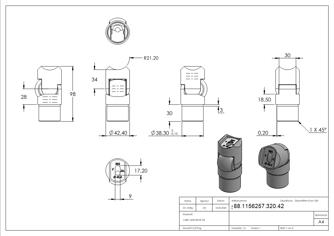 Pièce de jonction, pour tube 42.4 x 2.0mm, V2A