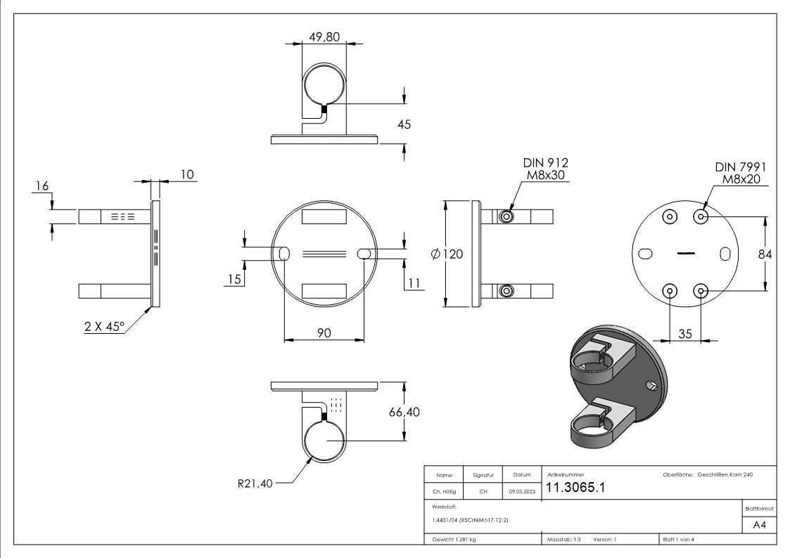 Fixation murale 120x10 mm pour le serrage d'un tube rond Ø 42,4 mm V4A