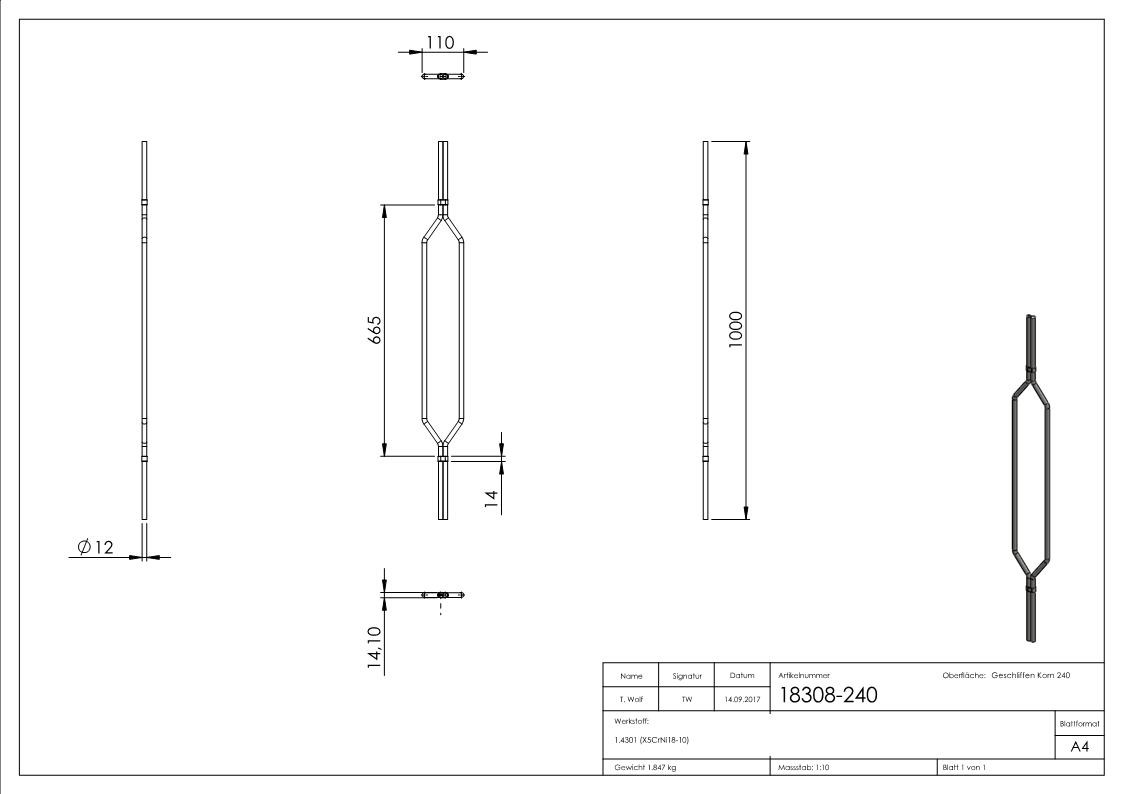Barre design ovale angulaire, V2A