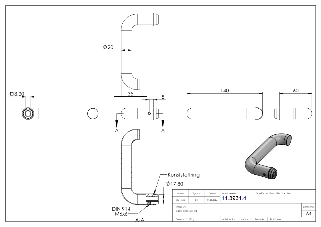 Tuergriff aus Edelstahl V2A - AISI304-11-3931.4