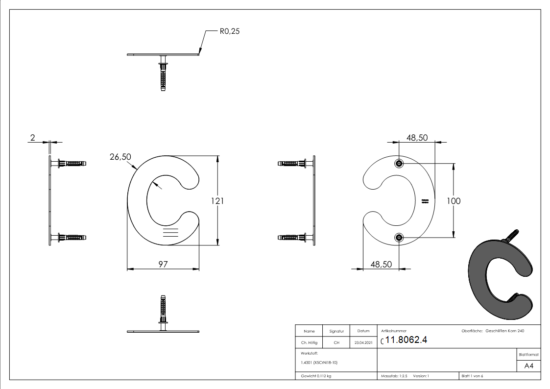 Lettre c | petite | Dimensions : 110 mm x 155 mm | V2A