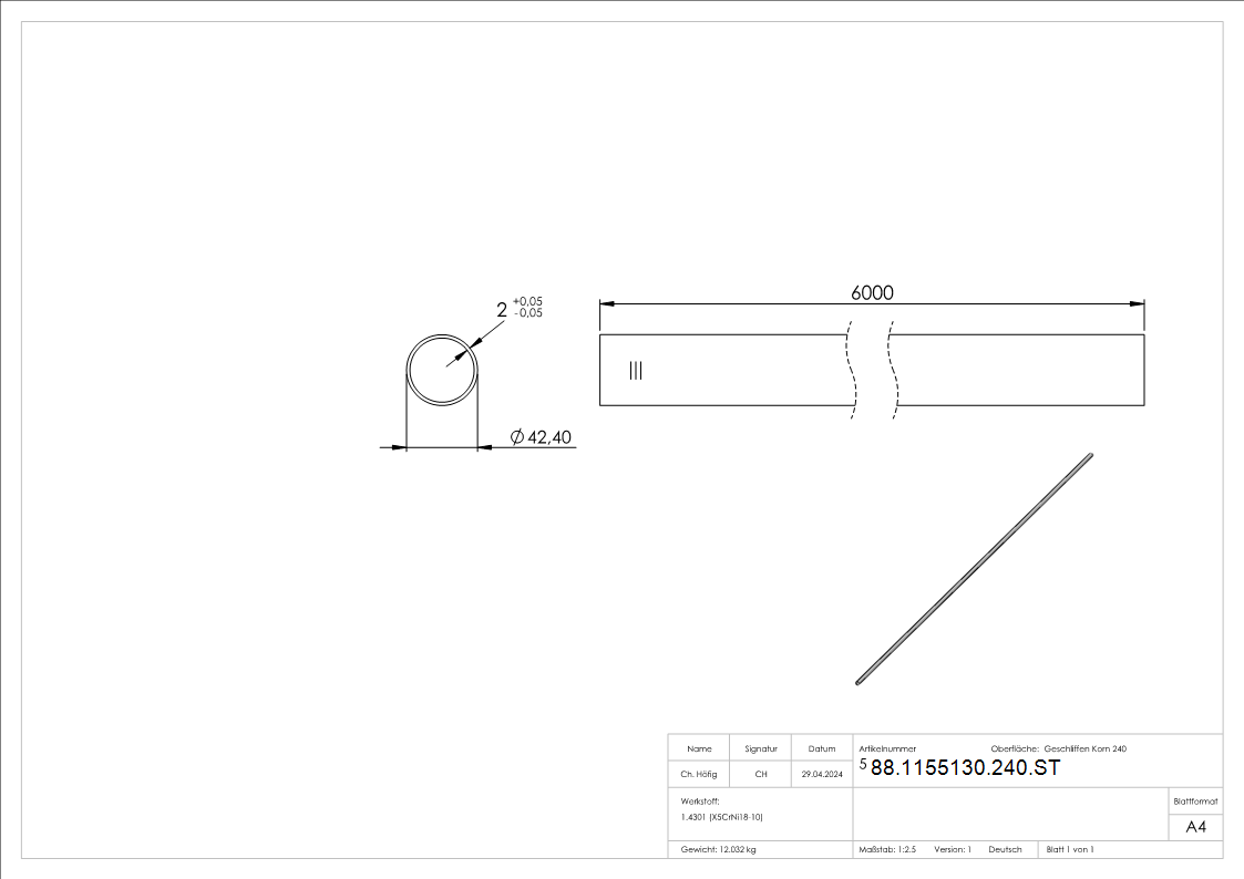 Edelstahlrohr- 42-4 x 2-0mm- L=6m- Korn 240 geschliffen- V2A Edelstahl-88-1155130-240.ST