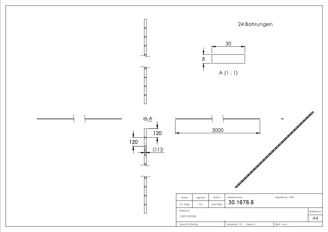 Gestanzte Stange - Masse- 30x8 mm - Laenge- 3000 mm - Stahl S235JR- roh-30-1676.8