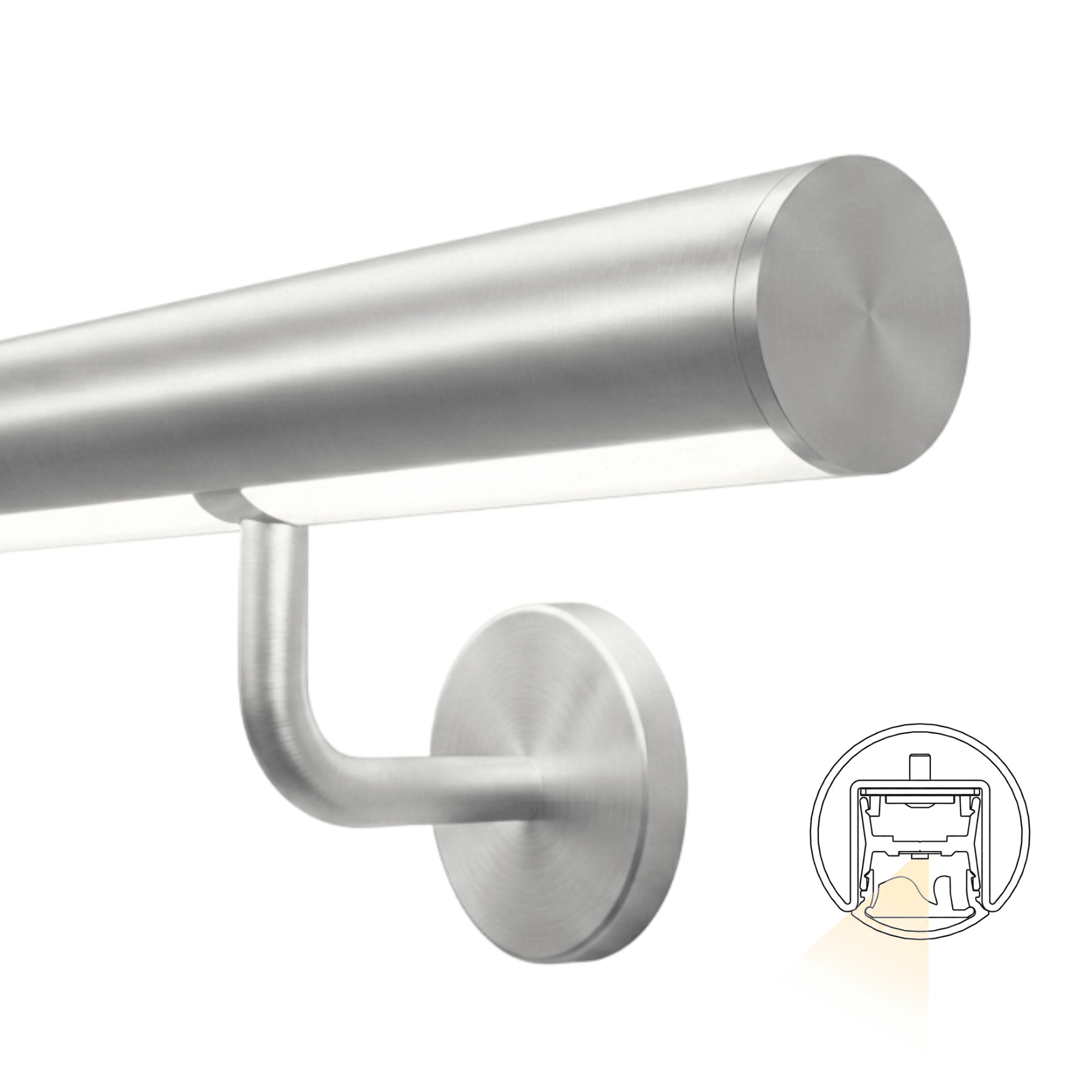 Lunora LED-Handlauf Komplettset Edelstahl V2A – 2 Meter- System mit Linse- Warmweiss 2700 K-88-11LED-LUNORA-WW.L1