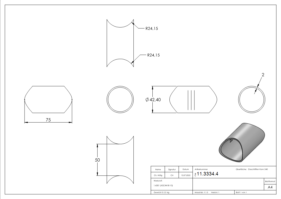 Raccord pour tube rond Ø 48,3 mm V2A