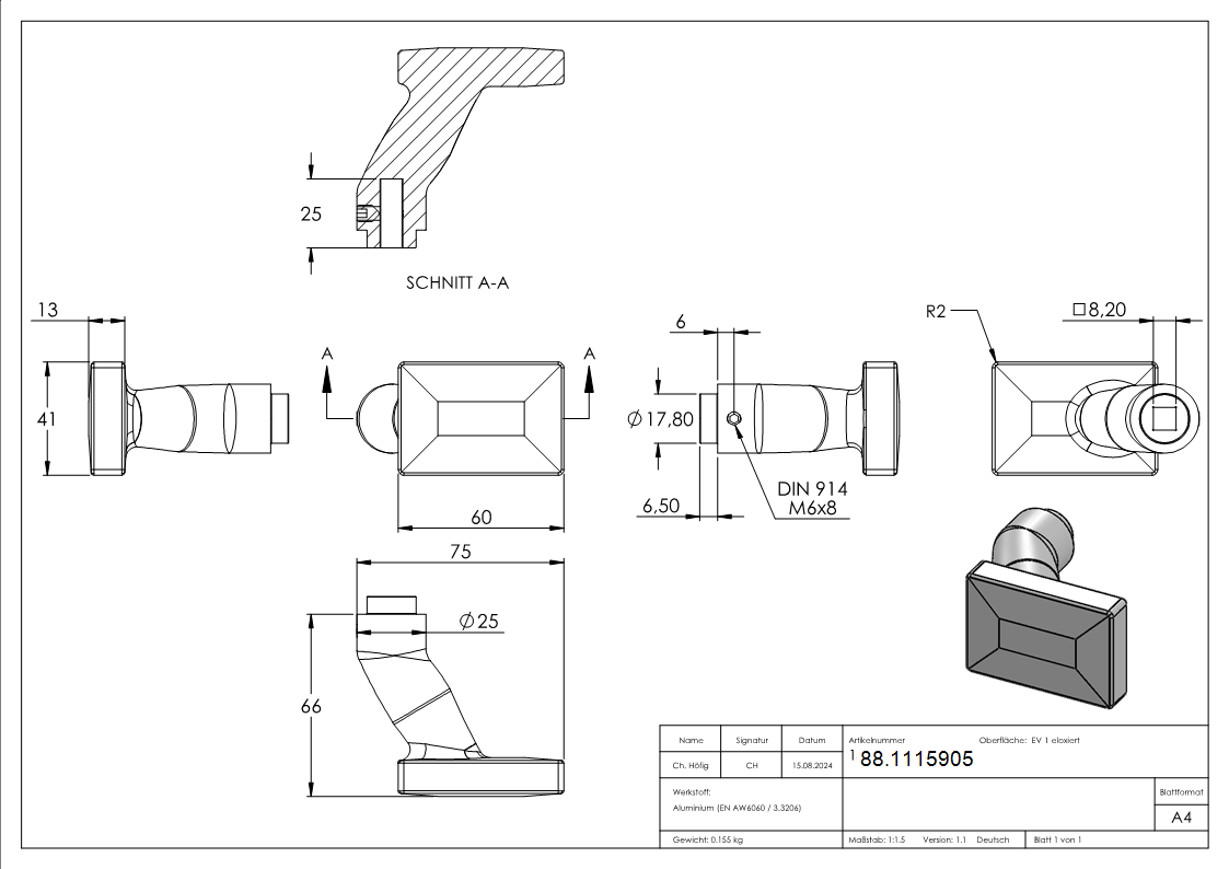 Tuerdruecker Aluminium eckig gekroepft-88.1115905