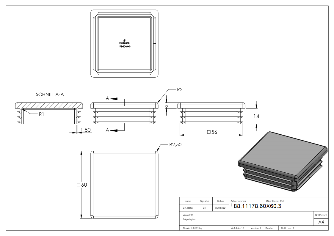 Capuchon plastique pour tube carré 60x60mm