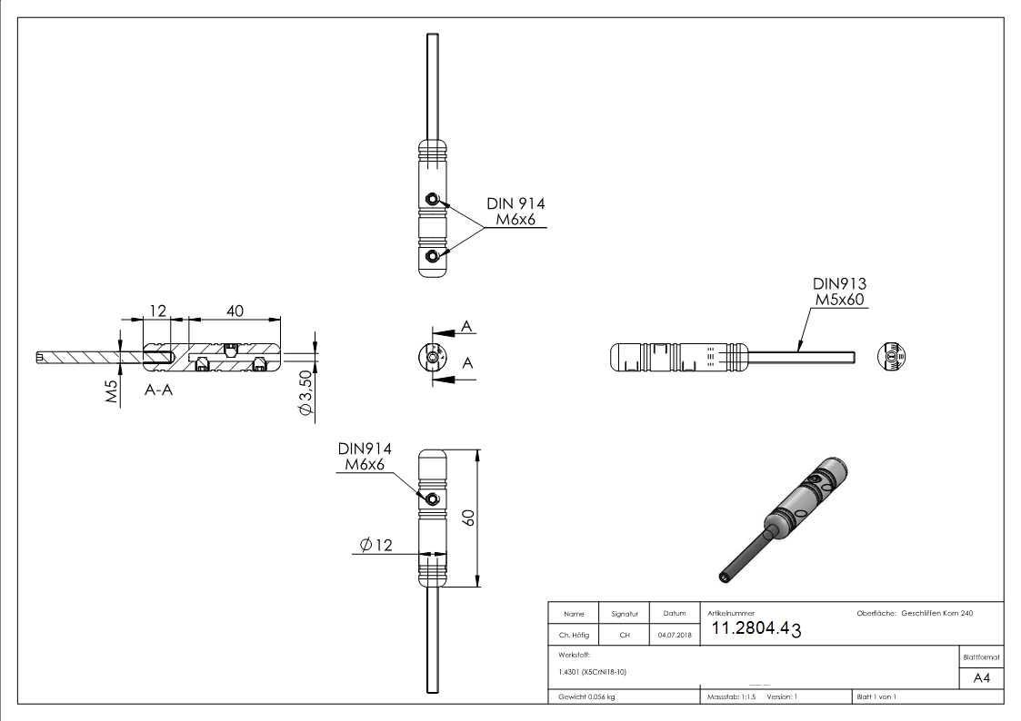 Gewindeterminal zur Selbstmontage - Fuer Seil- Ø 3 mm - mit Aussengewinde -V2A-11-2804.4