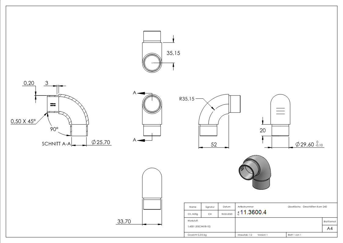 Coude 90° rond, pour tube rond Ø 33.7x2.0 mm V2A