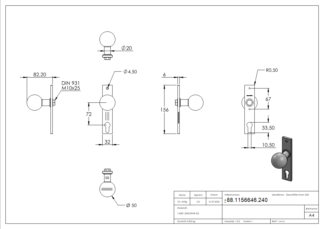 Tuerknopf Edelstahl V2A Ø 50 mm mit Langschild feststehend geschliffen Korn 240-88-1156646.240
