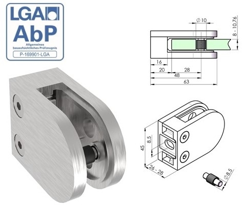 Pince à verre 63x45x28 mm V2A pour connexion plate | caoutchouc 10,76 mm verre