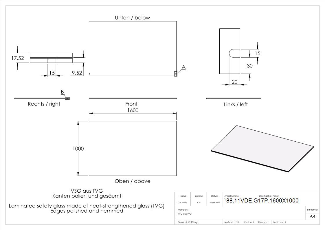 Eleganza canopy Glas- 1600x1000mm VSG aus 2x8mm TVG mit 1-52mm PVB-88-11VDE-G17P.1600X1000
