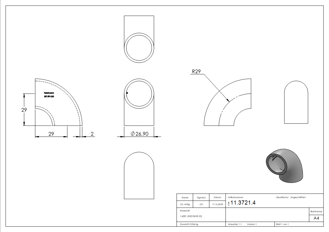 Bogen 90° zum Schweissen fuer Rundrohr- Ø 26-9 mm V2A- Bauart 3-11-3721.4
