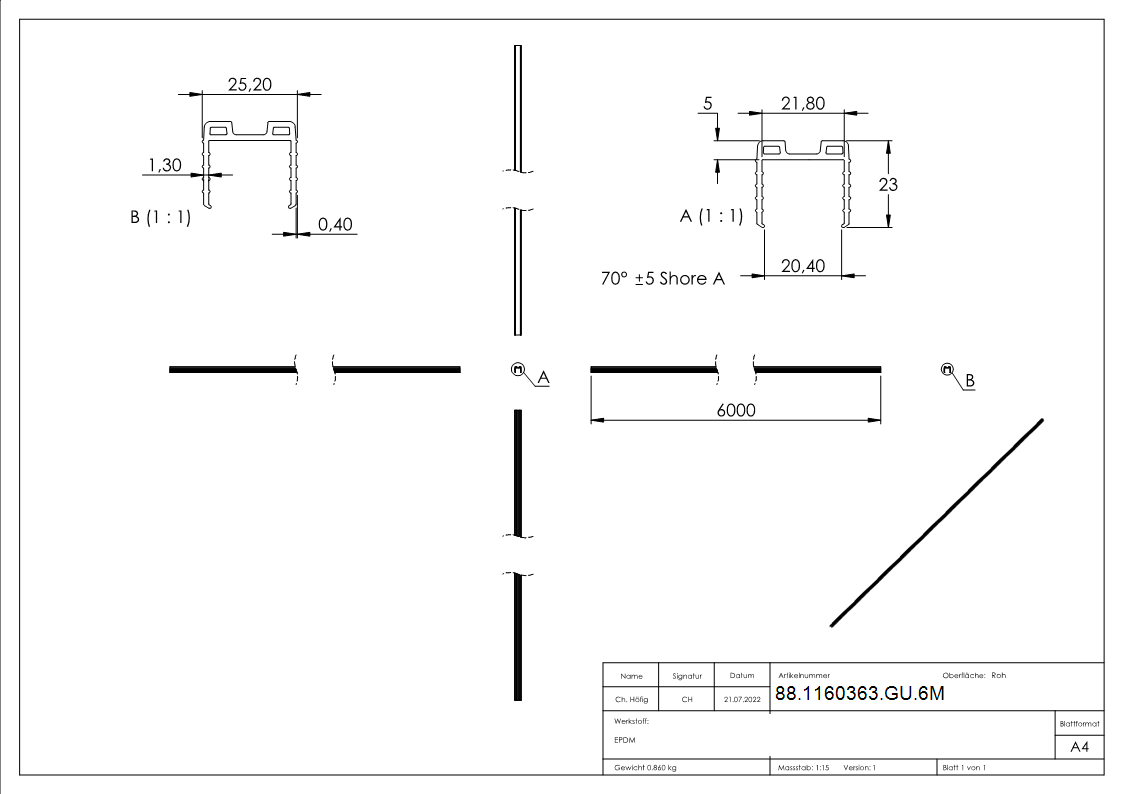 Joint à coin verre 20,76 - 21,52mm, pour rainure 24 x 24mm, longueur 6m, EPDM