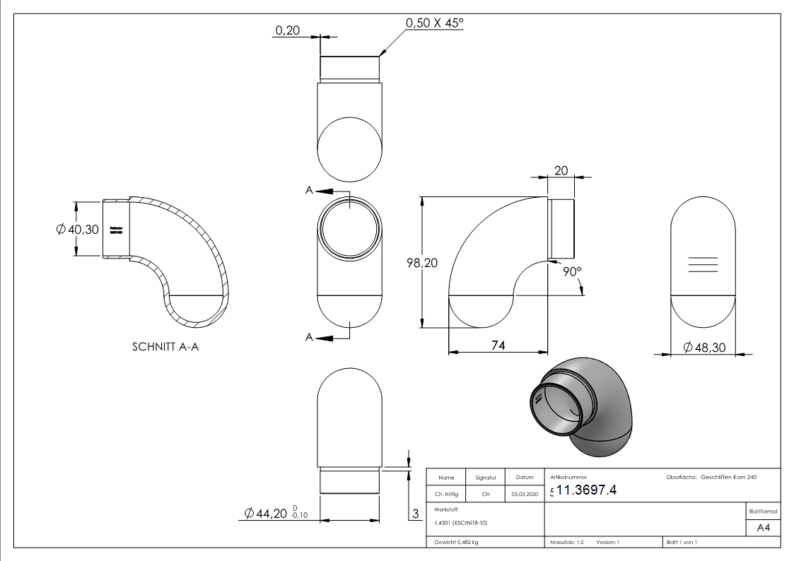 Embout 90° semi-circulaire, pour tube rond Ø 48.3x2.0 mm V2A