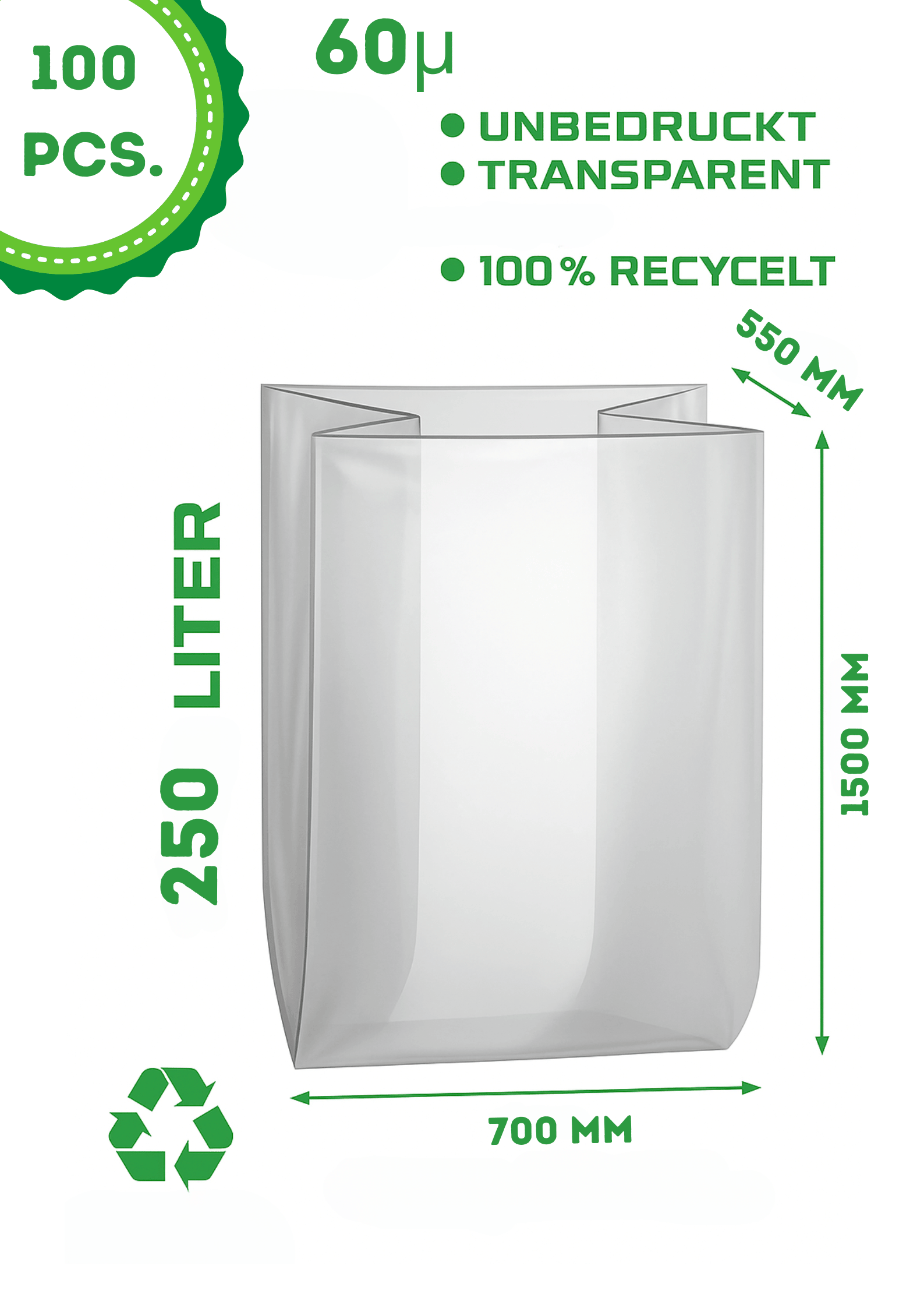 100 Stueck - XXL Muellsaecke 250 Liter Transparent 60my - Extra Reissfest 150cm lang - Profi Entsorgungssack-1SFB700-550X150060