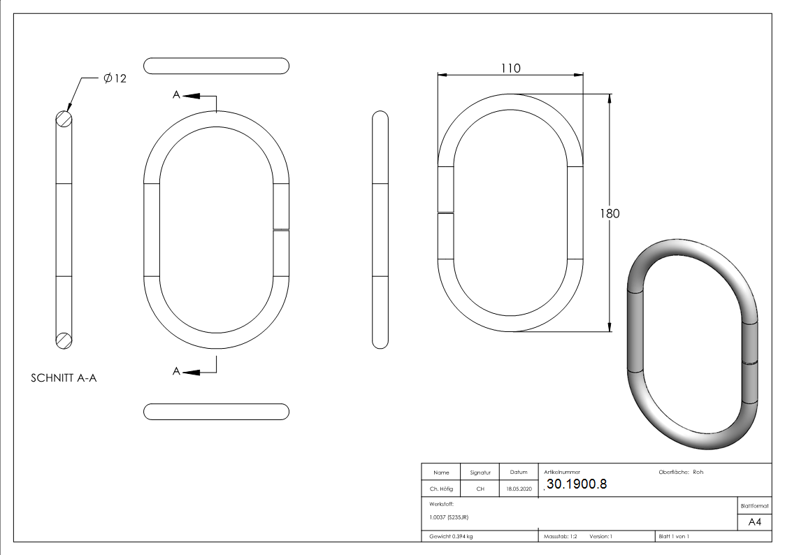 Anneau | ovale | matériau : 12 mm | Ø extérieur : 180x110 mm | acier S235JR, brut