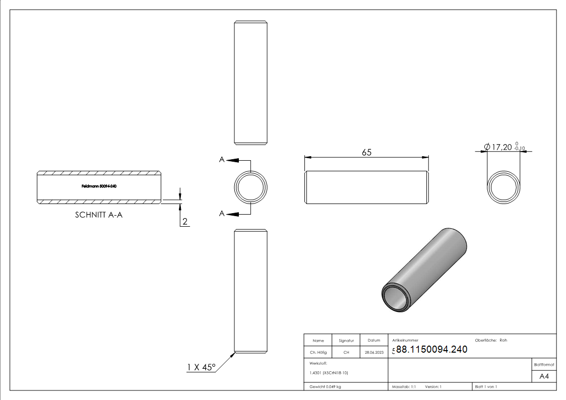 Rohrverbinder V2A fuer Rohr Ø 21-3 mm Wand 2-0 mm Laenge 65 mm ohne Mittelsteg-88-1150094.240