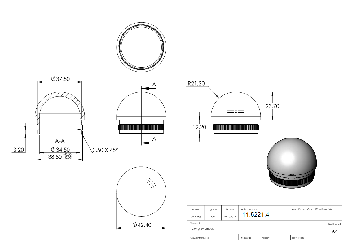 Einsteckkappe Edelstahl V2A fuer Rohr Ø 42-4 mm- 2-0 mm Wandstaerke- halbrund-11-5221.4