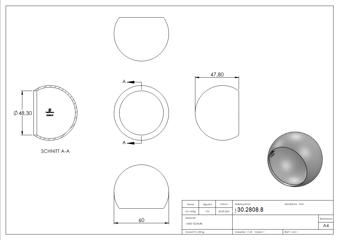 Abschlusskugel Ø 60 mm - fuer Ø 48-3 mm- Stahl S235JR- roh-30-2808.8