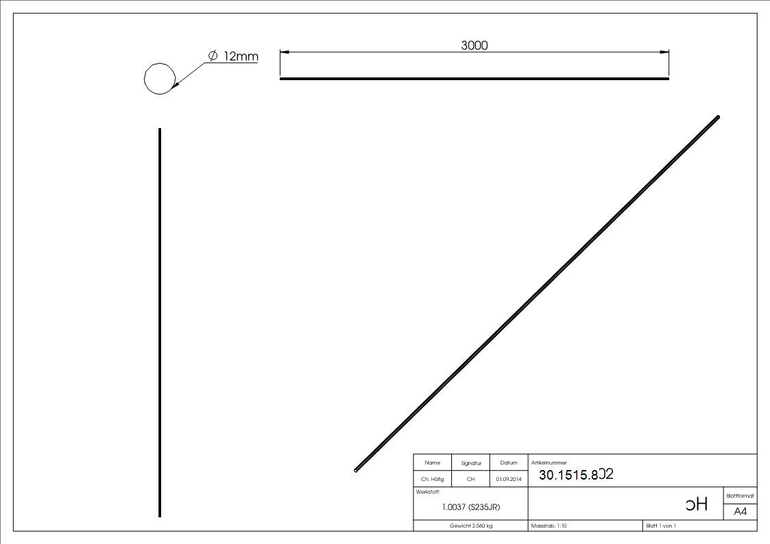 Rundeisen geschmiedet Ø 12 mm Laenge- 3000 mm Stahl -Roh- S235JR-30-1515.8