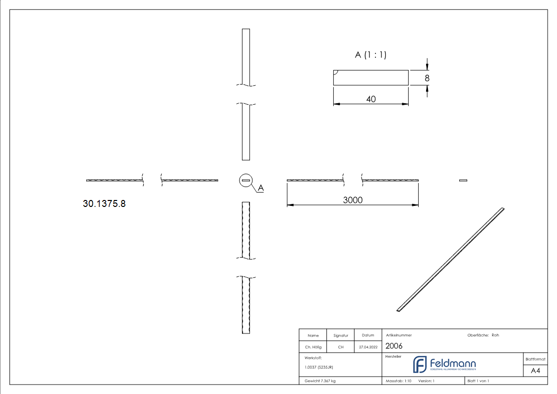Flacheisen 40x8 mm 3000mm Stahl S235JR roh Universalprofil-30-1375.8
