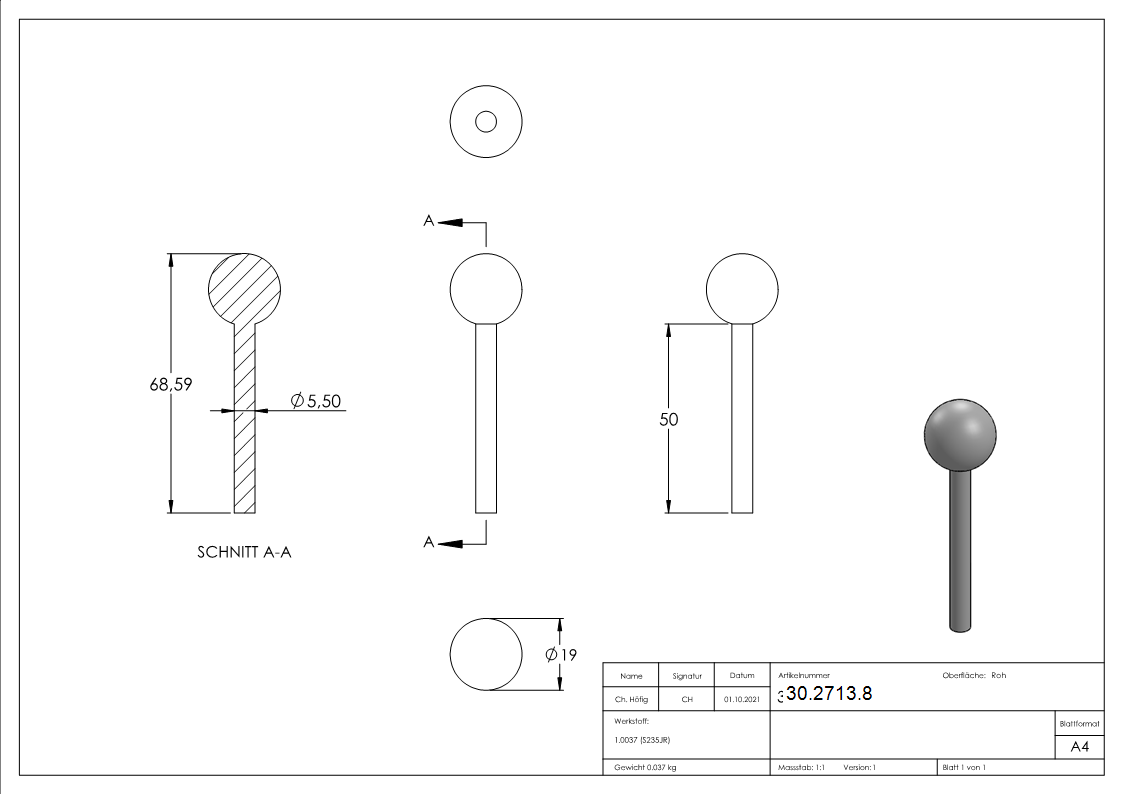 Kugelkopfbolzen Ø 5-5-19 mm - Stahl S235JR- roh-30-2713.8