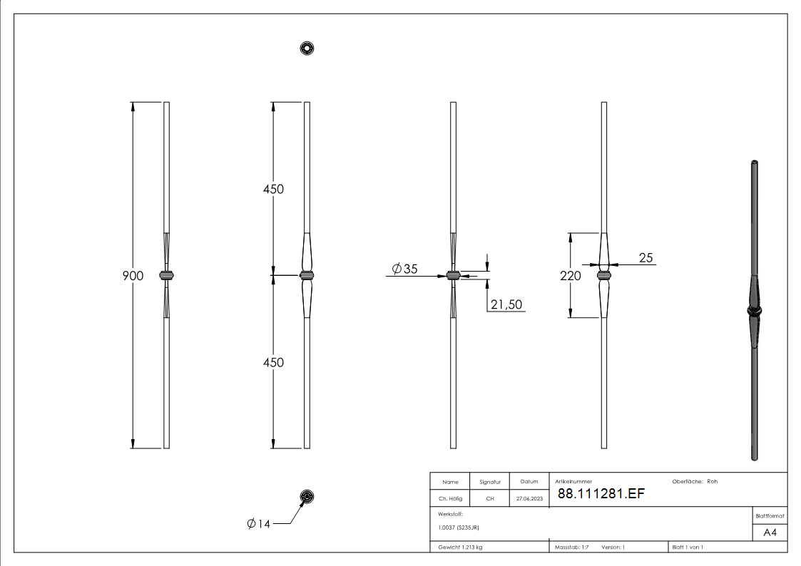 Tige décorative 14mm ; lisse ; longueur 900mm