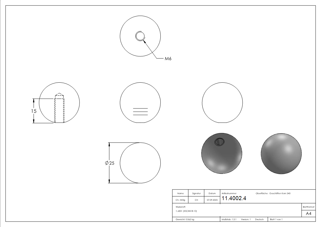 Vollkugel - Ø 25 mm - mit Gewinde M6 - V2A-11-4002.4
