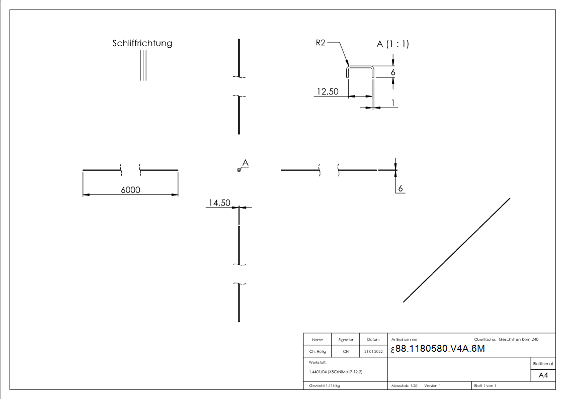Kantenschutz Edelstahl V4A fuer Glas 10-00–11-52 mm L 6000 mm zum Aufkleben-88-1180580-V4A.6M