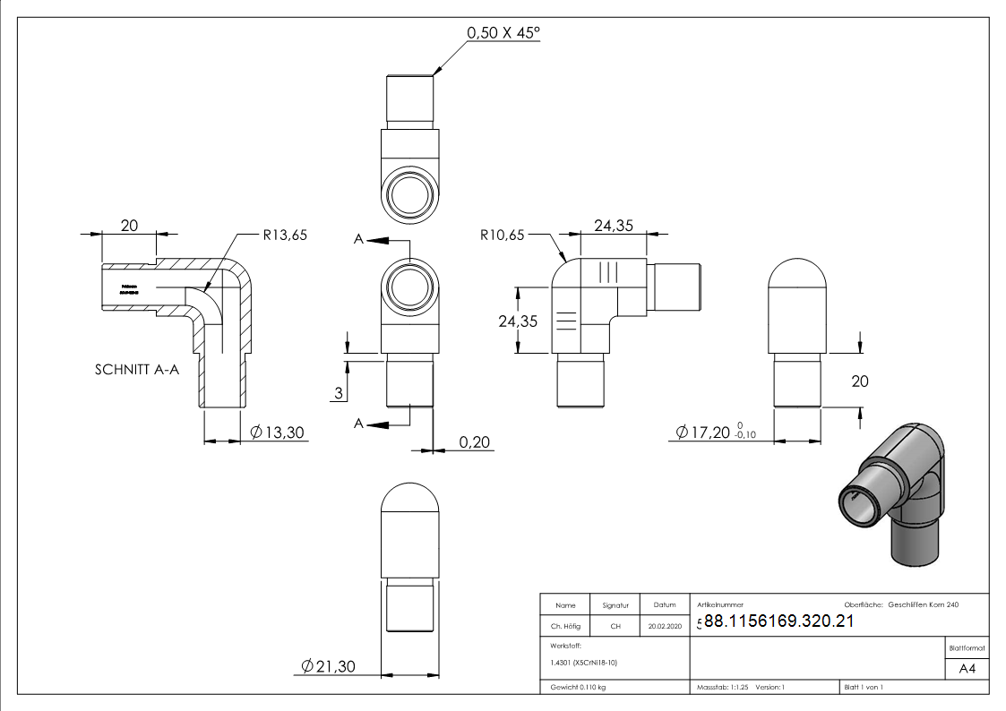 Coude 90° étroit, pour tube 21,3 x 2,0mm, V2A