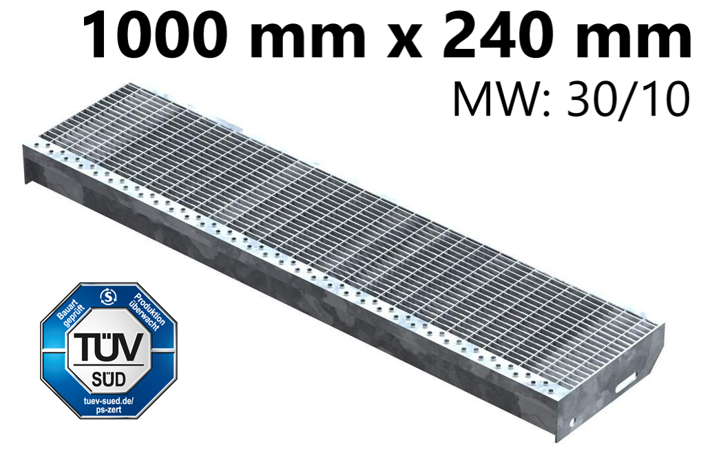 Marche en caillebotis Marche d'escalier | Dimensions : 1000x240 mm 30/10 mm | S235JR (St37-2), galvanisé à chaud en bain complet