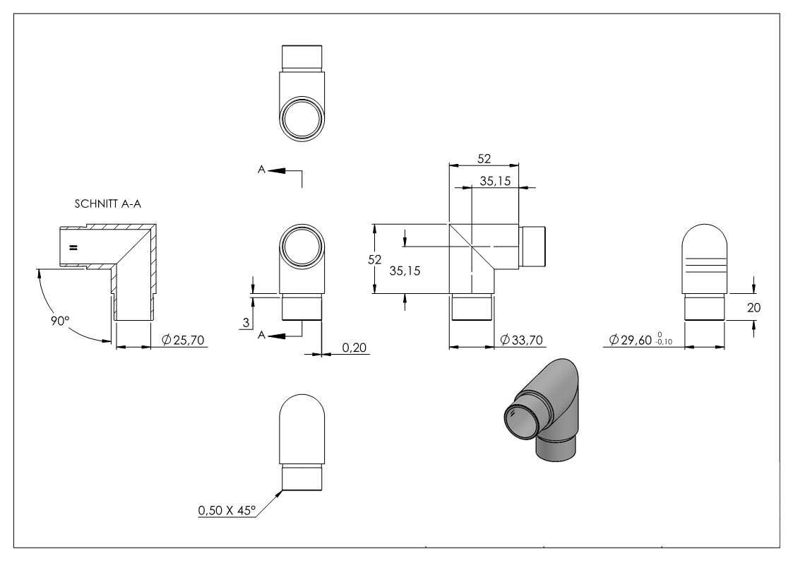 Coude d'angle 90°, pour tube rond Ø 33.7x2.0 mm V2A