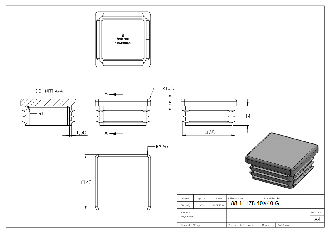 Einsteckkappe Kunststoff fuer Quadratrohr 40 x 40 mm- grau- Wandstaerke 1-5–2-0 mm-88-11178-40X40.G