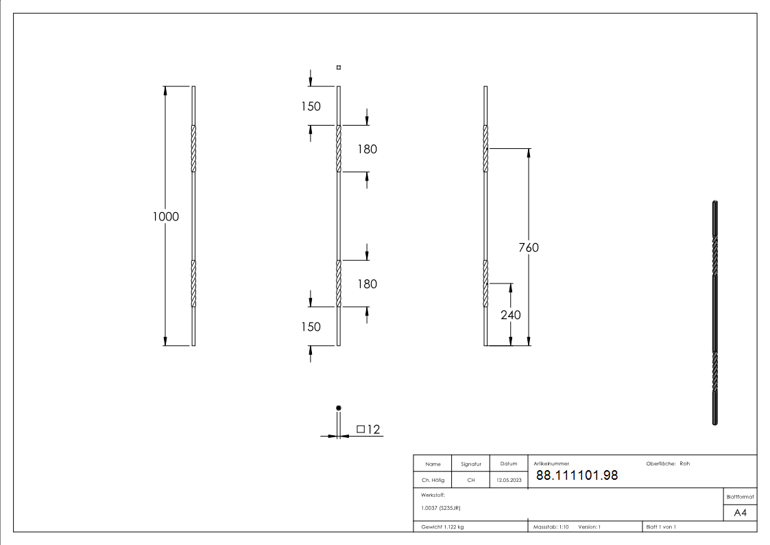 Barre intermédiaire comme 1101 l = 100 cm