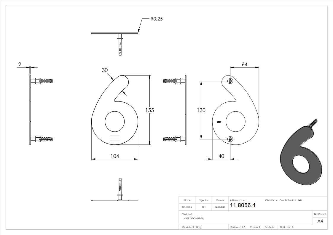 Hausnummer 6 - klein - Masse- 110 mm x 150 mm - V2A-11-8056.4