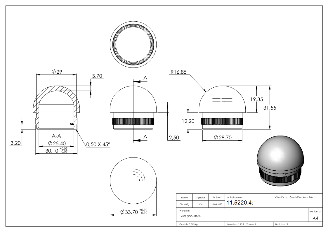 Rohrkappe V2A Edelstahl Ø 33-7 mm x 2-0 mm halbrund zum Einschlagen-11-5220.4