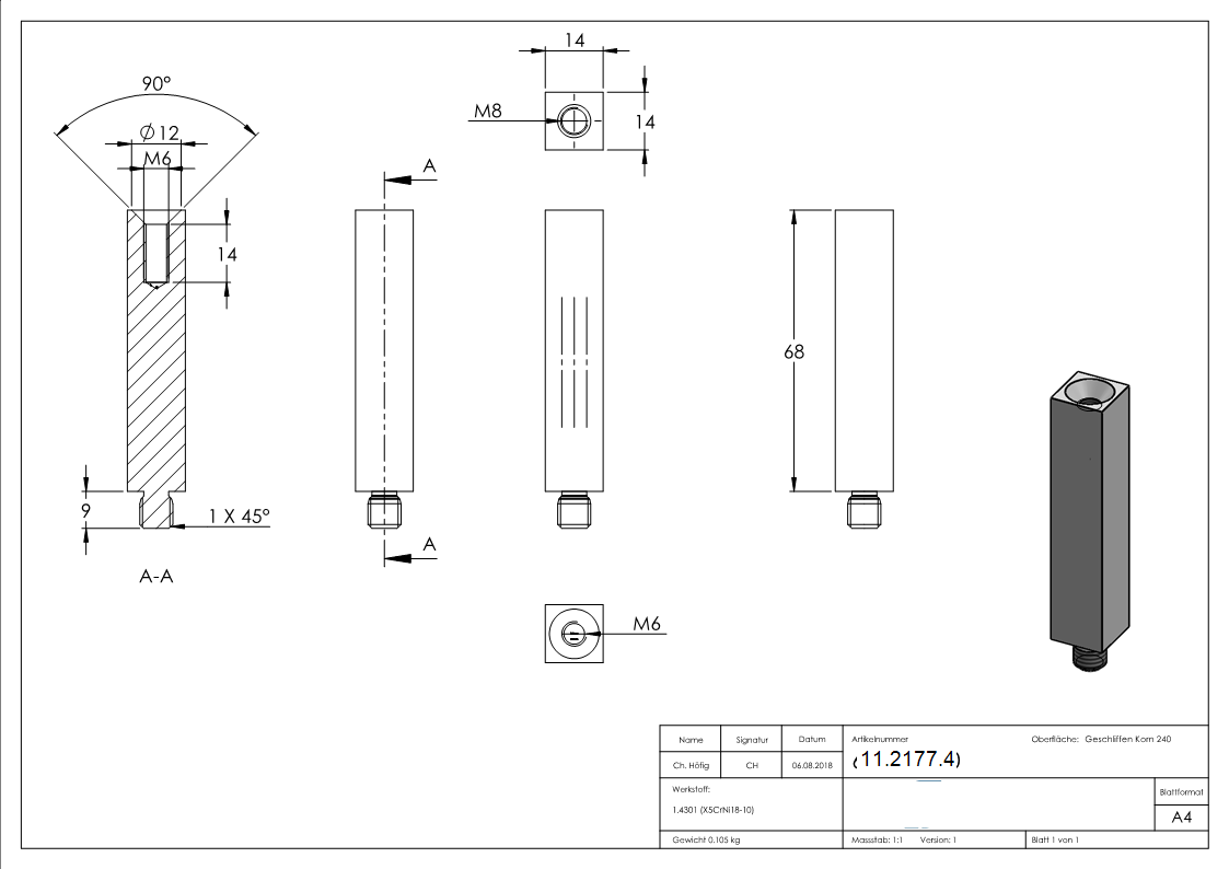 Edelstahl Vierkant-Traegerstift 14x14 mm - Laenge 68 mm - Aussen - und Innengewinde -V2A-11-2177.4
