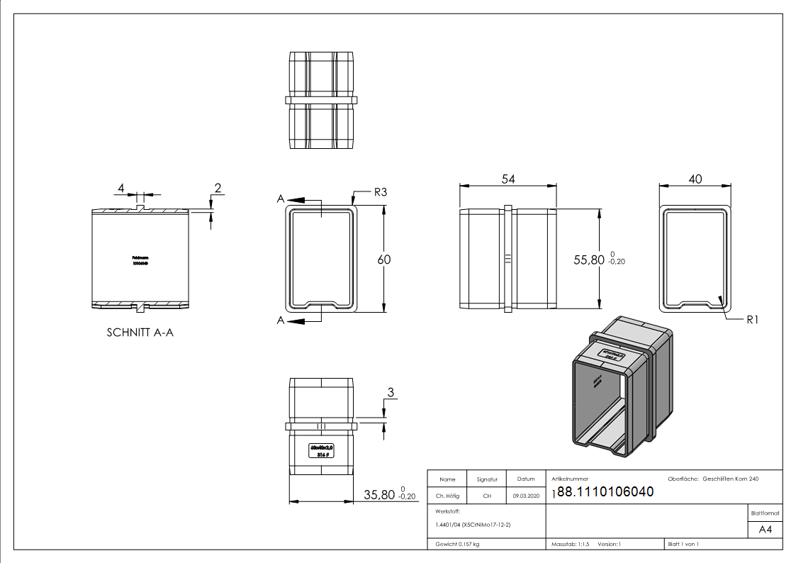 Connecteur pour tube 60x40x2mm, V4A